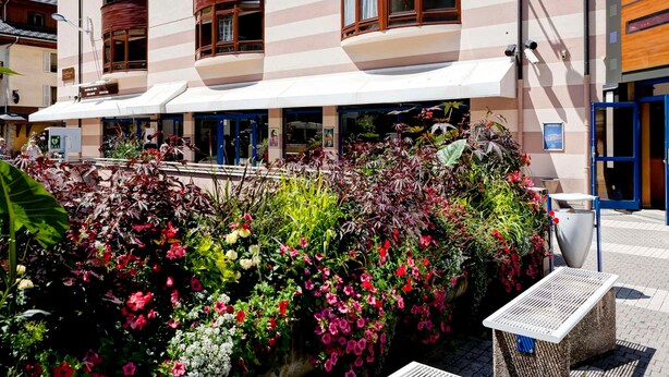 Um hotel com área de estar externa coberta, uma placa com 'Salle de Loungue Restaurant' e diversos vasos de plantas e flores.