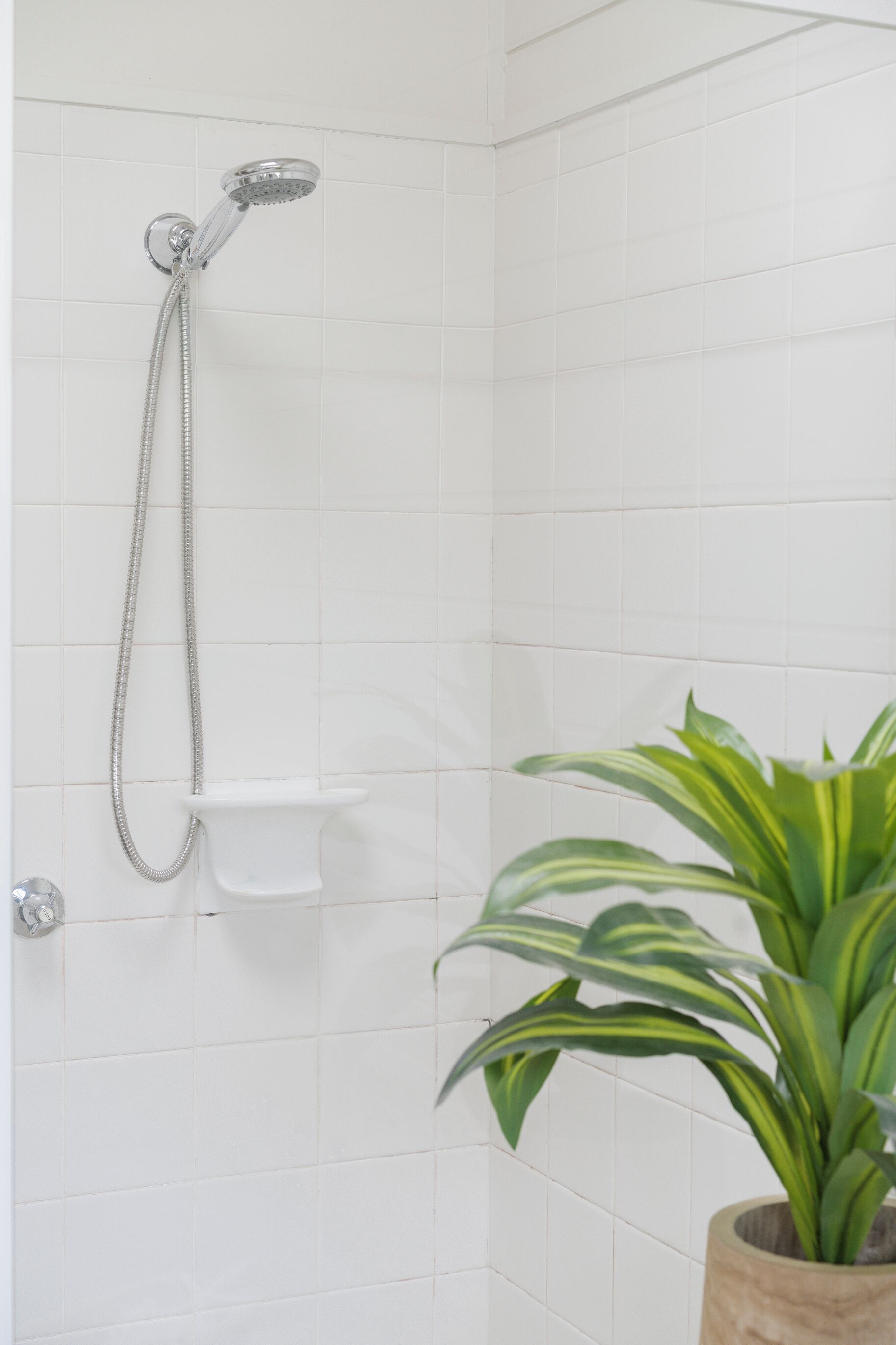 A shower with a handheld hose, a white tiled wall, and a potted plant.