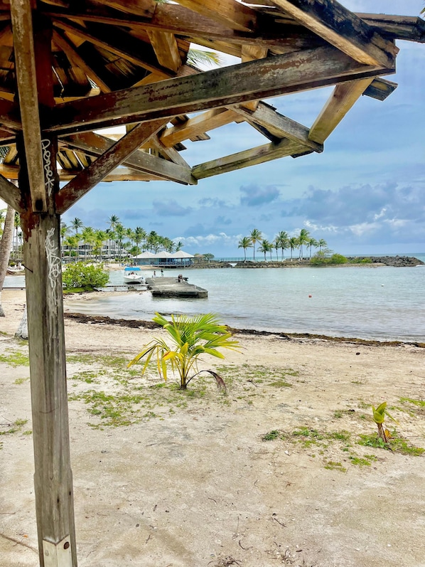 A beach with a wooden structure, palm trees, and a calm sea.