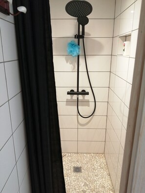 Douche, sèche-cheveux, serviettes fournies, savon