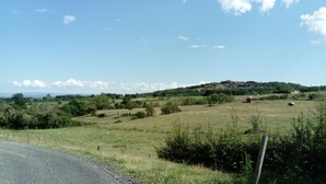A rural landscape with a road, open fields, and a distant hill with a building.