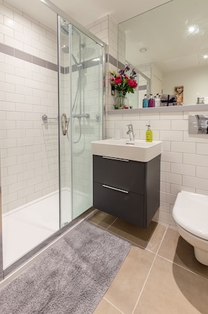 Hair dryer, towels, soap, shampoo