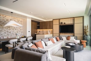 Smart TV, fireplace, DVD player, books