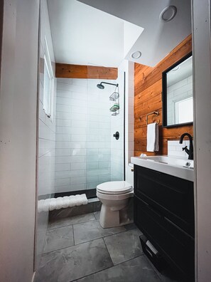 Combined shower/bathtub, hair dryer, towels, soap
