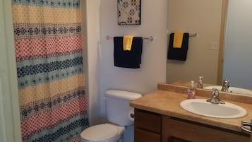 Combined shower/bathtub, hair dryer, towels, soap