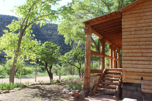 Una cabaña de madera rústica con un porche, rodeada de árboles y un paisaje montañoso.