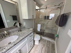 Shower, hair dryer, towels