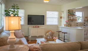 Smart TV, fireplace, table tennis, books
