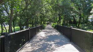 A wooden bridge with metal railings, surrounded by trees and greenery. - theLOFTonJAMES, Historic Exchange District, Exposed Brick & Beams, High Ceilings (Winnipeg)