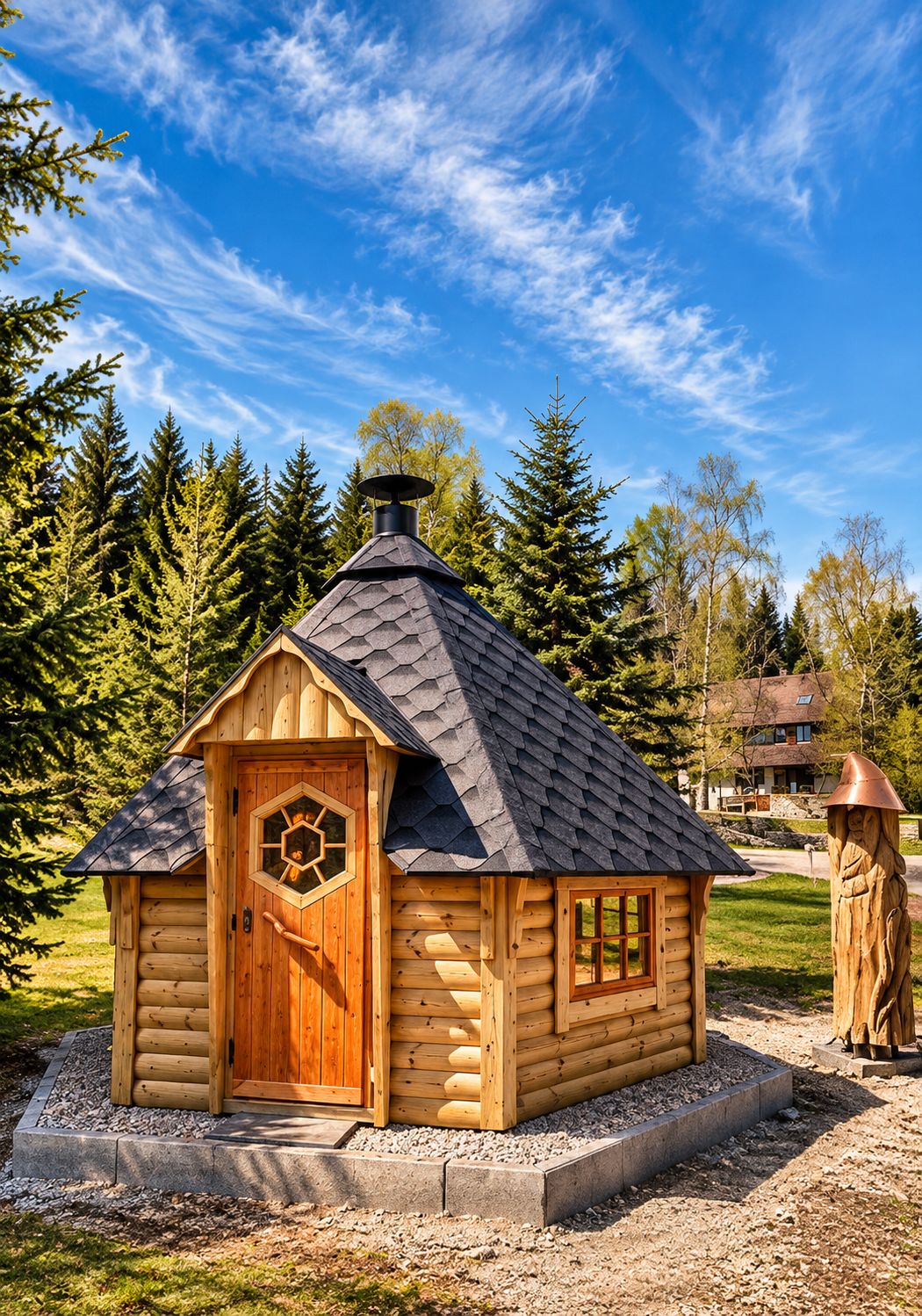 Une cabane en rondins avec une fenêtre hexagonale, une cheminée et une porte.