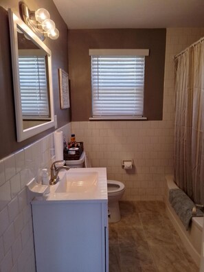 Ensemble douche/baignoire, sèche-cheveux, serviettes fournies, savon