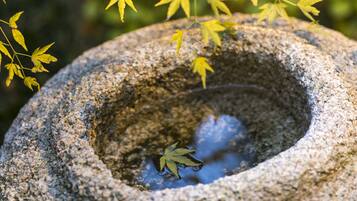 Un cuenco de piedra con agua y una hoja flotando.