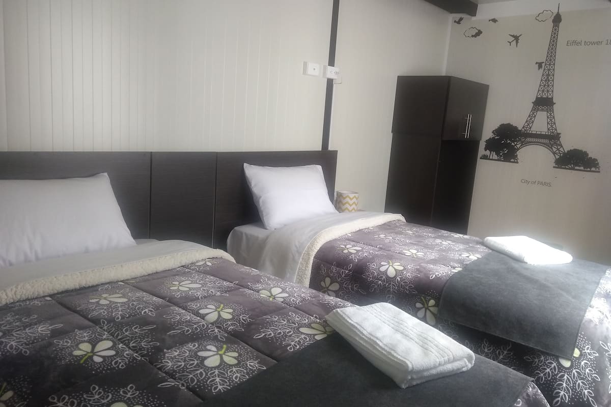 A hotel room with two beds, a dark headboard, a wall with an Eiffel Tower mural, and a wardrobe.