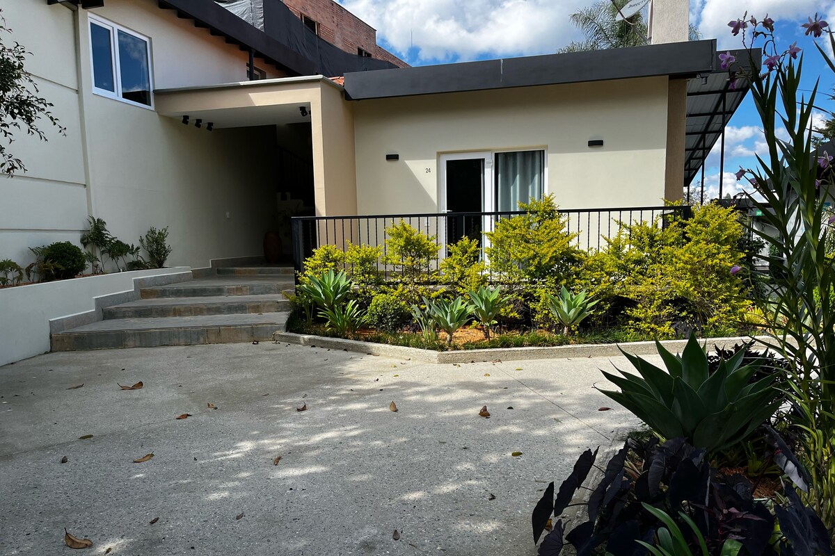 A modern two-story house with a concrete driveway, a small garden with various plants, and a staircase leading to the entrance.