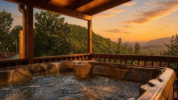 Un jacuzzi bajo una pérgola de madera con vistas a un paisaje boscoso.