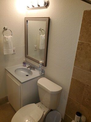 Combined shower/tub, hair dryer, towels, soap