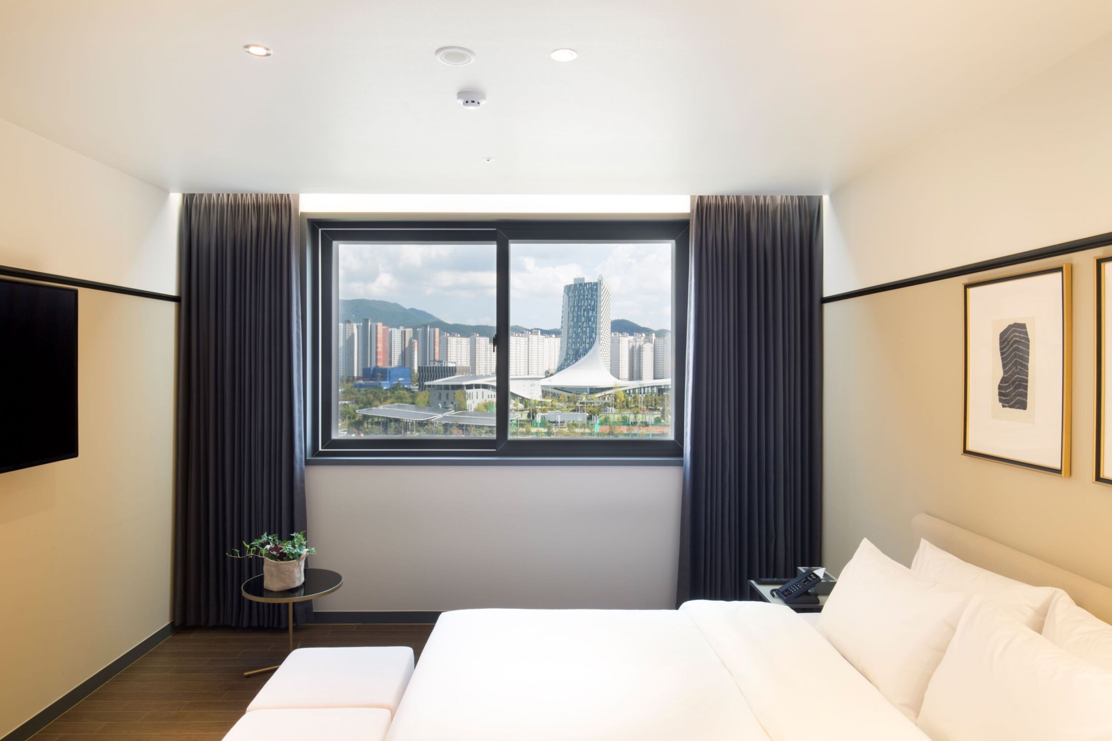 A hotel room with a large window, a bed, a bedside table with a plant, and a mounted TV.