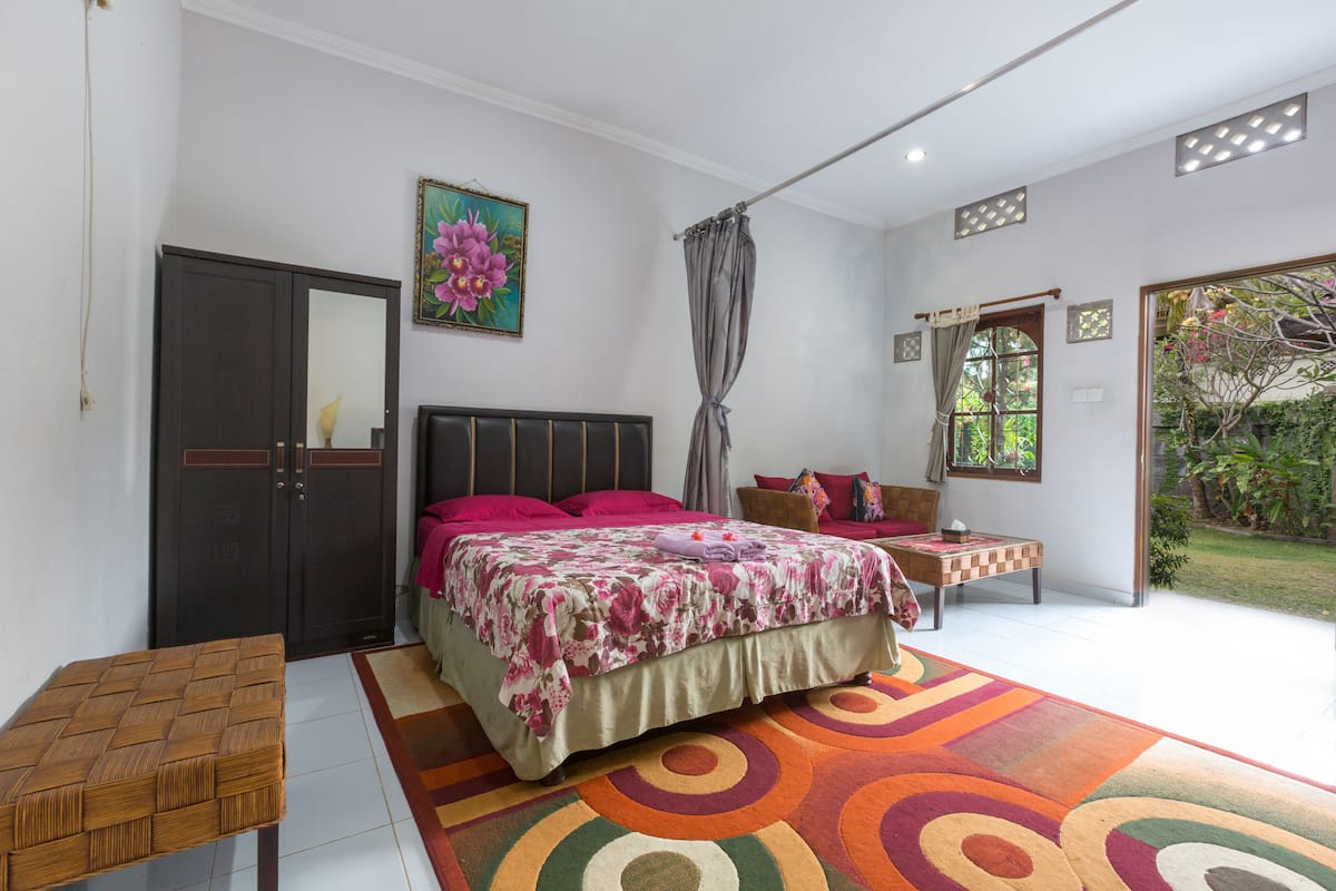 Desk, laptop workspace, blackout curtains, free WiFi