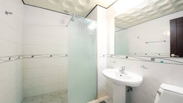 A modern bathroom with a glass shower enclosure, a white sink, and a toilet.