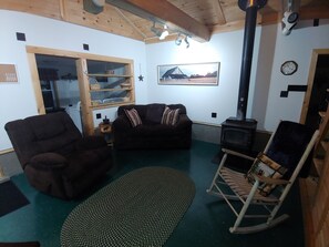 Smart TV, fireplace, books, stereo