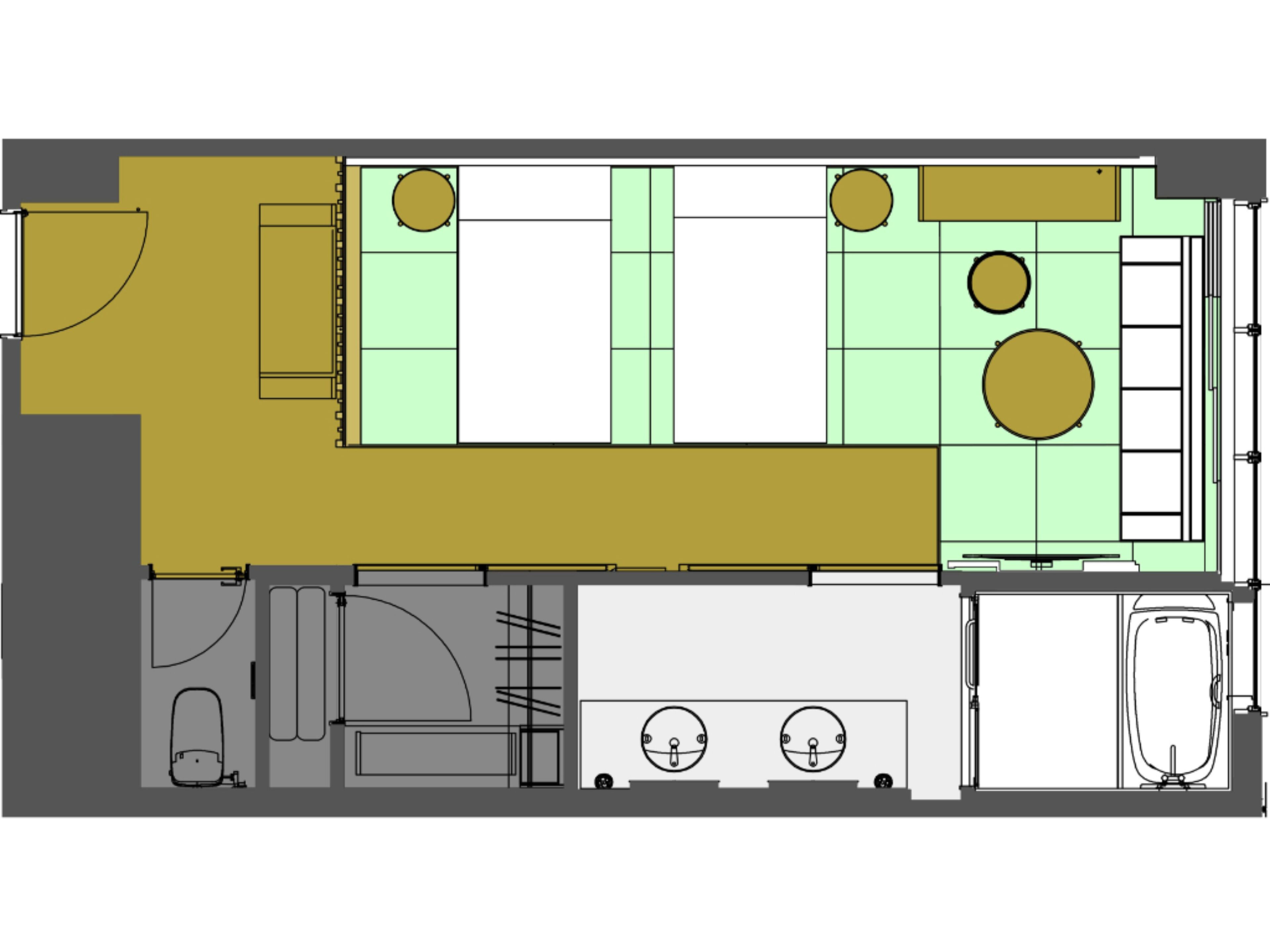 A floor plan of a hotel room with a kitchenette, a bathroom, and a seating area.
