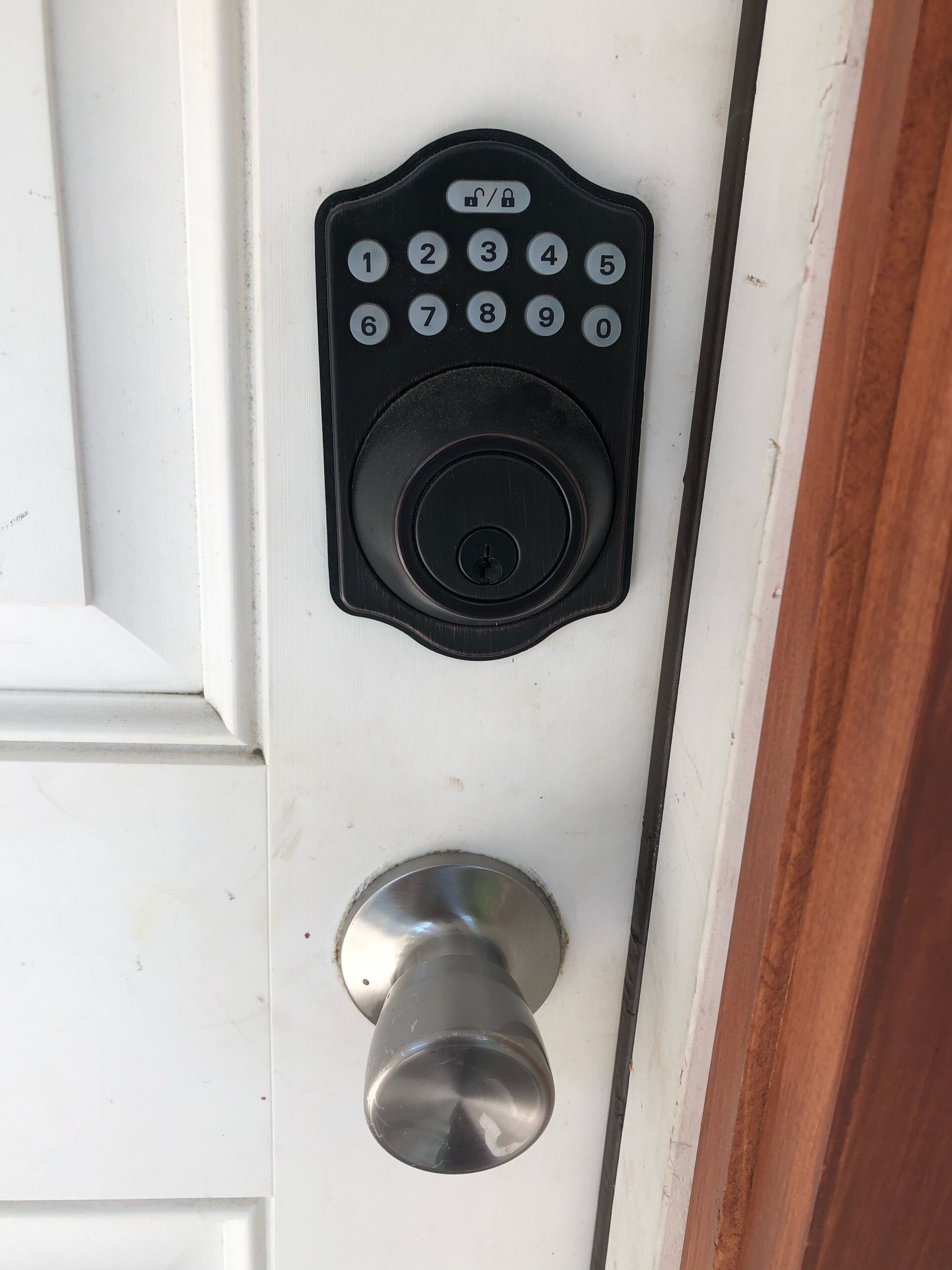 A door with a numeric keypad lock and a keyhole below it.
