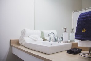 Combined shower/bathtub, hair dryer, towels, soap