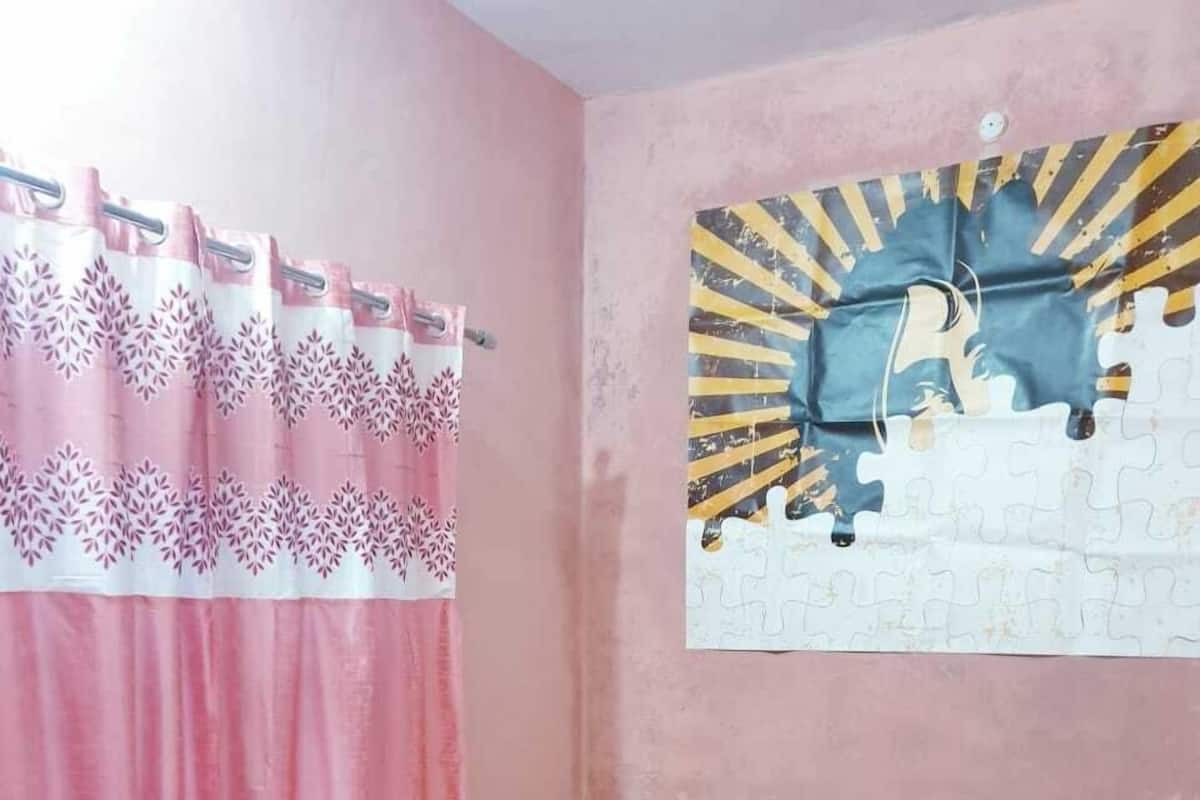 Ein Schlafzimmer mit einem Bett, rosa Vorhängen und einem Wandbild.
