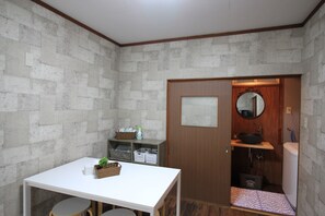 Fridge, microwave, stovetop, electric kettle