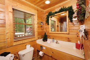 Combined shower/tub, jetted tub, hair dryer, towels