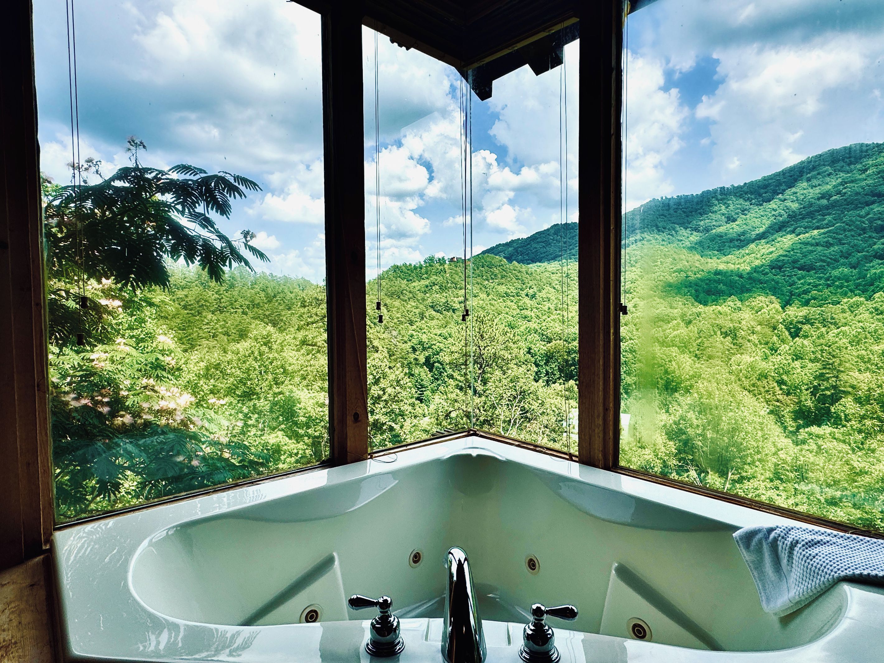 Ein Badezimmer mit einer Badewanne und Blick auf eine üppige, grüne Landschaft durch große Fenster.