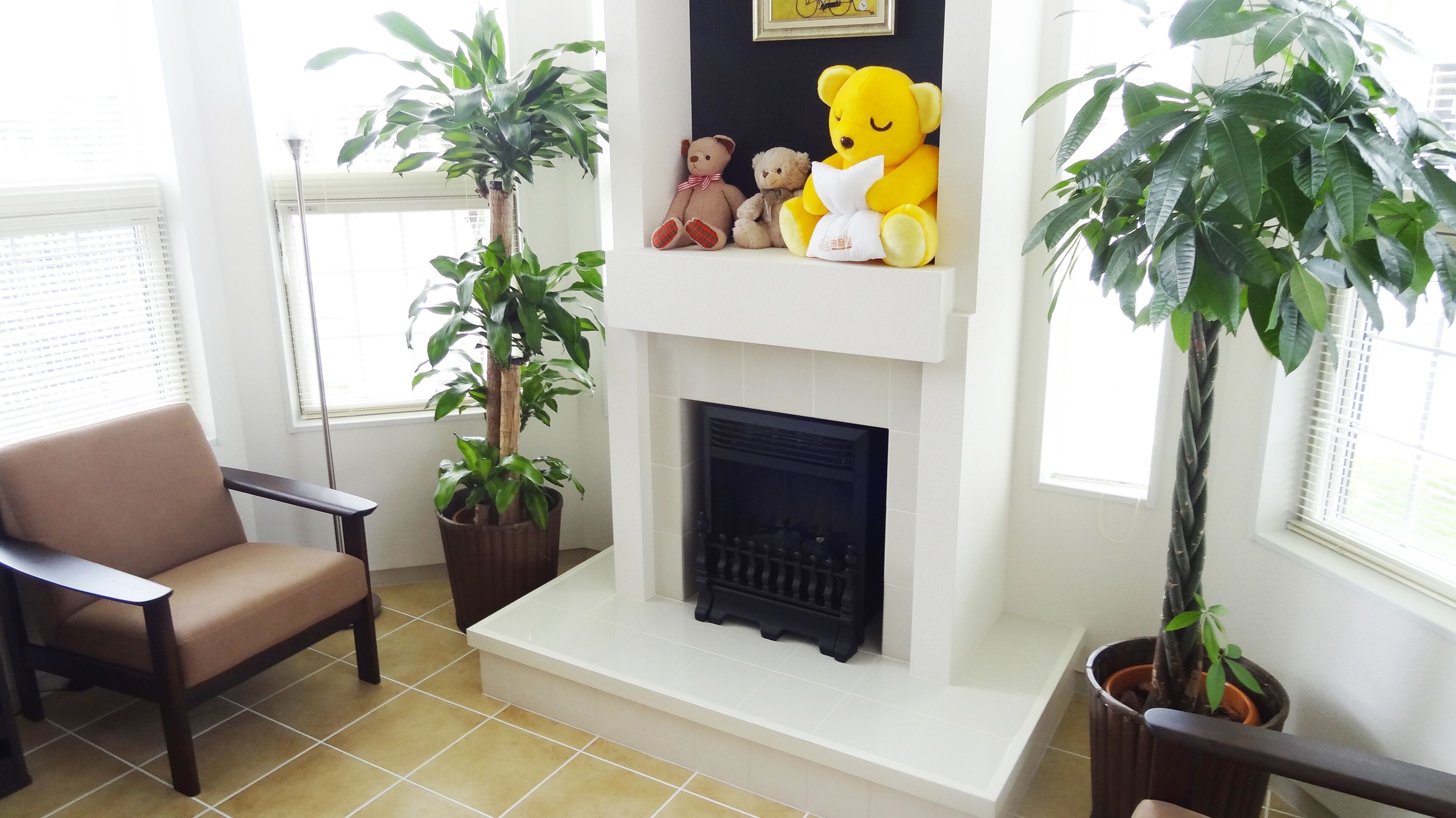 Una sala de estar con chimenea, un sillón y plantas en macetas.