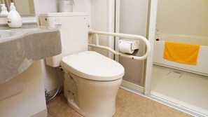 Separate tub and shower, deep soaking tub, hair dryer, electronic bidet