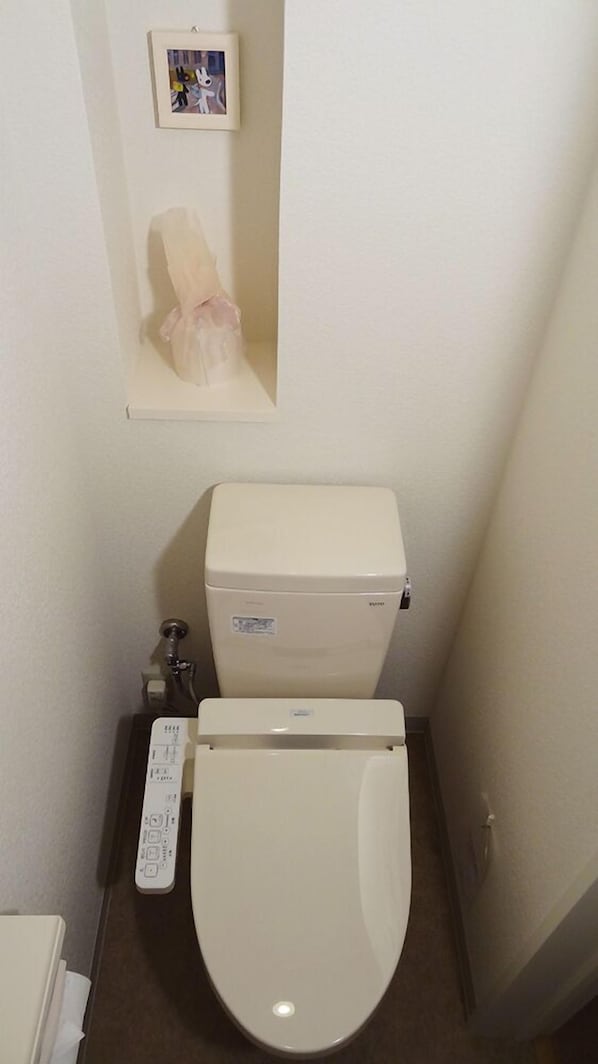 A small, compact bathroom with a toilet, a hand dryer, and a wall-mounted shelf with a tissue box. - Family Lodge Hatagoya Kurobe (Kurobe)