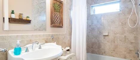 Une salle de bain avec un lavabo, des toilettes et une baignoire.