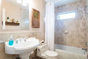 Hair dryer, towels, soap, shampoo