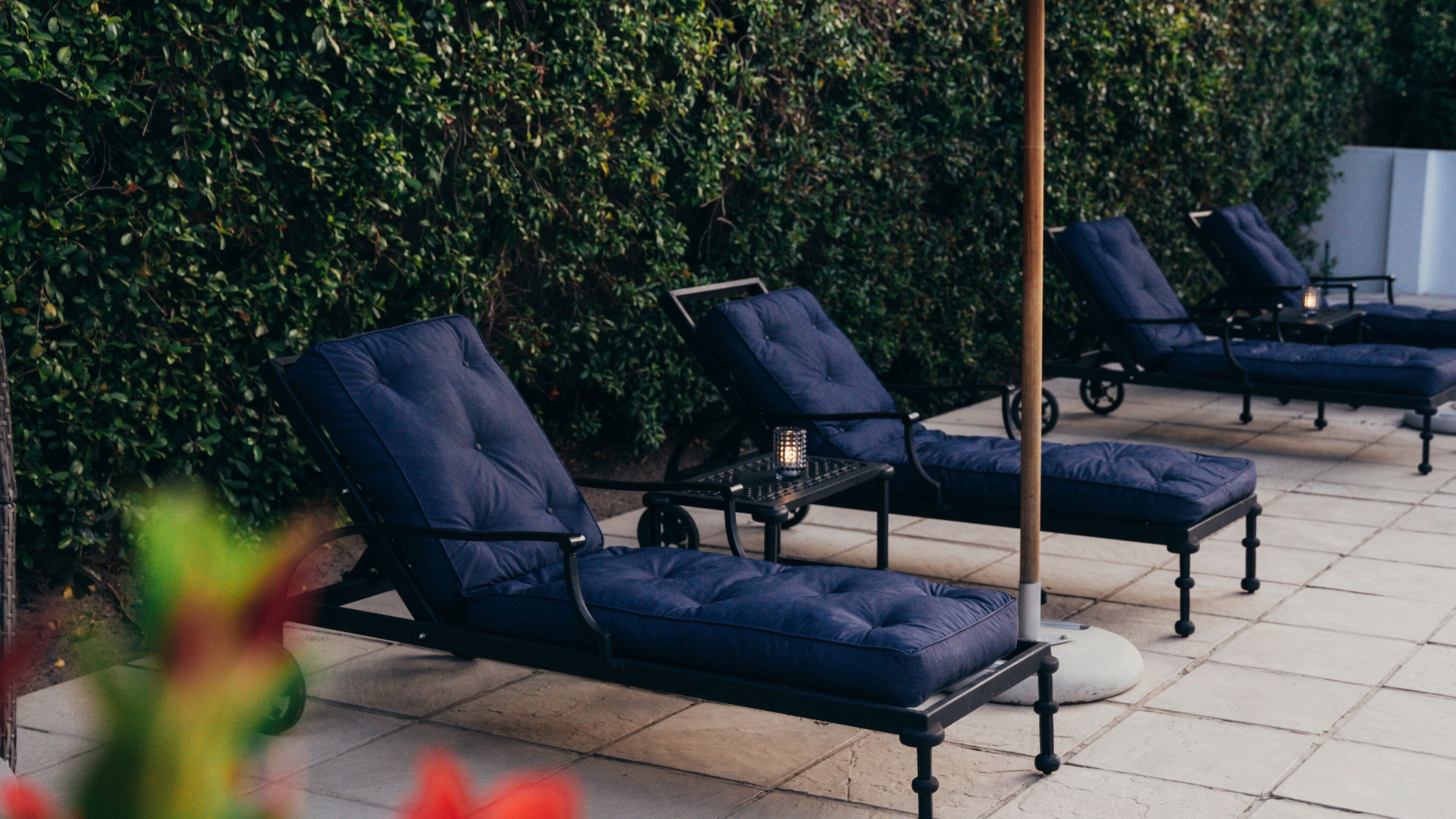 A row of blue lounge chairs with cushions, arranged on a tiled patio with a hedge in the background.