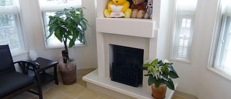 Ein Wohnzimmer mit Kamin, einem Esstisch, Stühlen und zwei Blumentöpfen.
