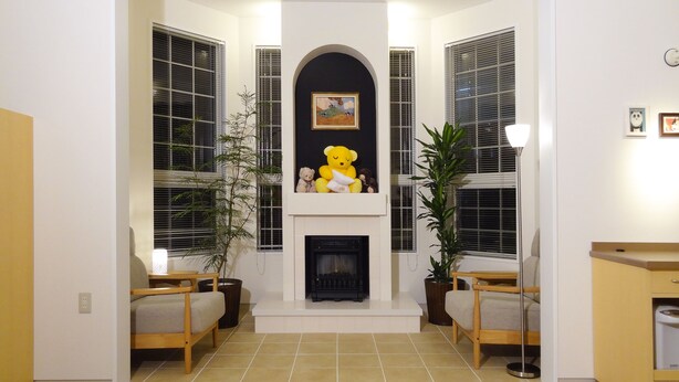 Een woonkamer met een open haard, twee banken en potplanten.