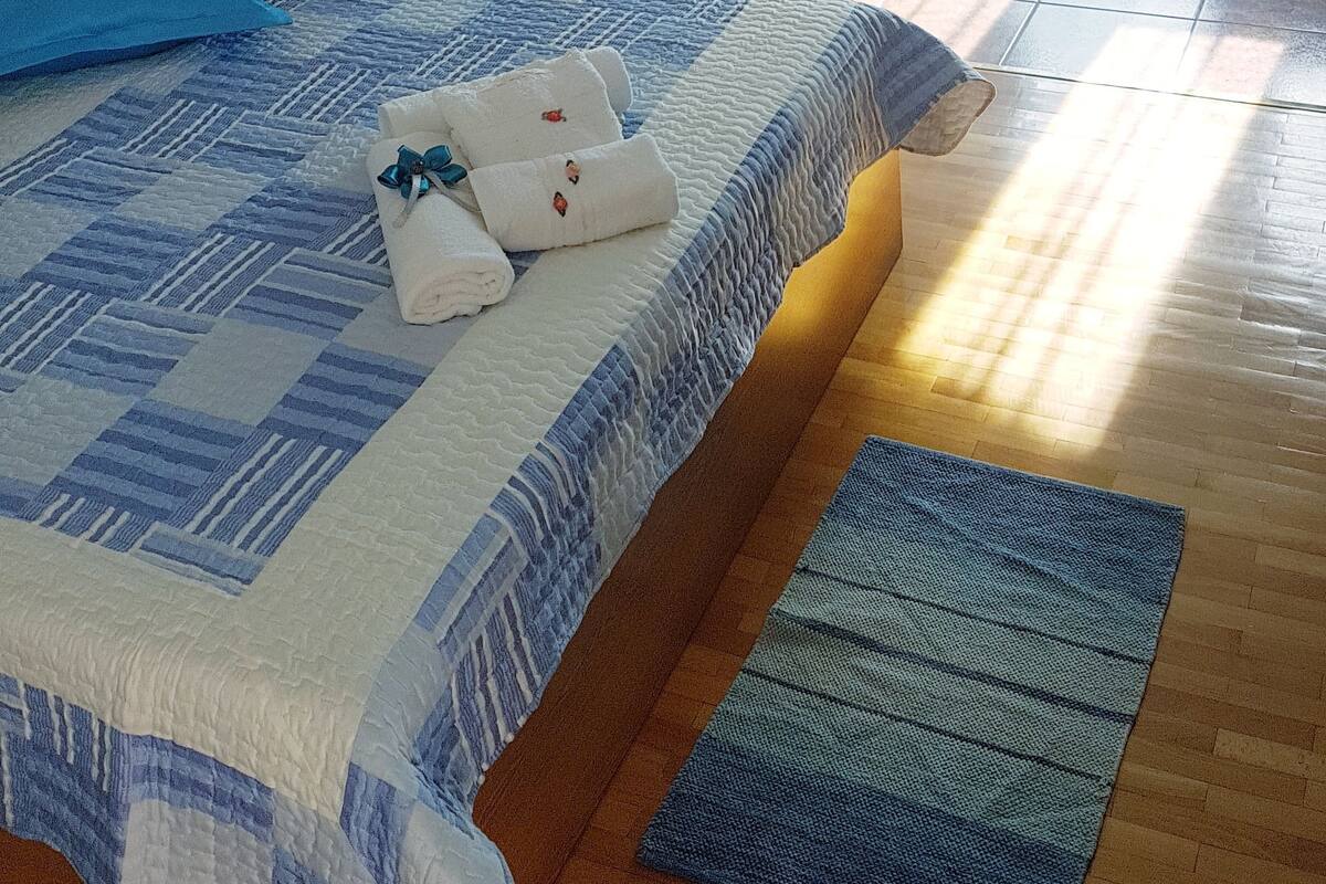 Une chambre à coucher avec un lit, une table de chevet, un tableau, une porte et une fenêtre avec des rideaux.