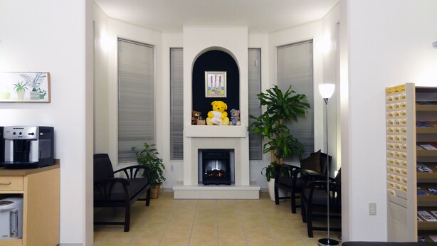 A living room with a fireplace, seating area, coffee machine, and potted plants.
