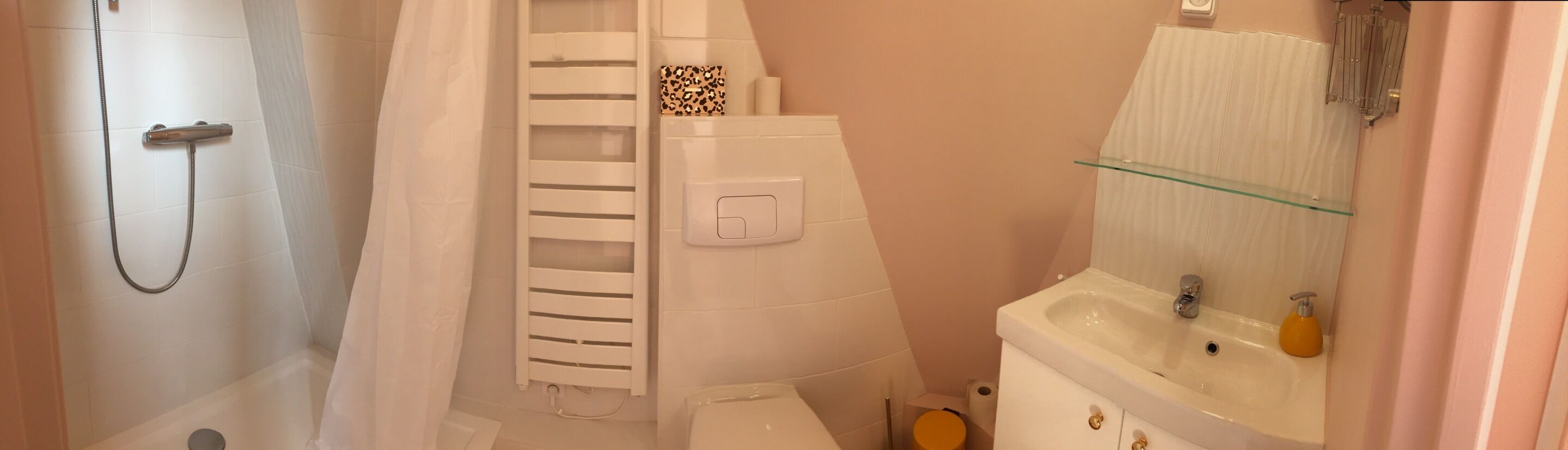 Un baño con ducha, inodoro y lavabo.