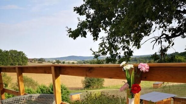 Een eethoek buiten met rieten stoelen, een tafel gedekt met brood, fruit en een bloevas.