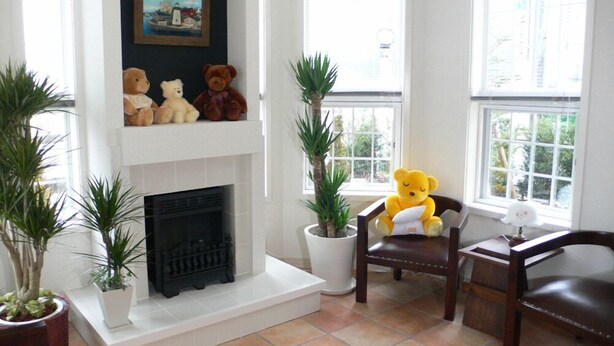 A living room with a fireplace, a painting, and several potted plants.