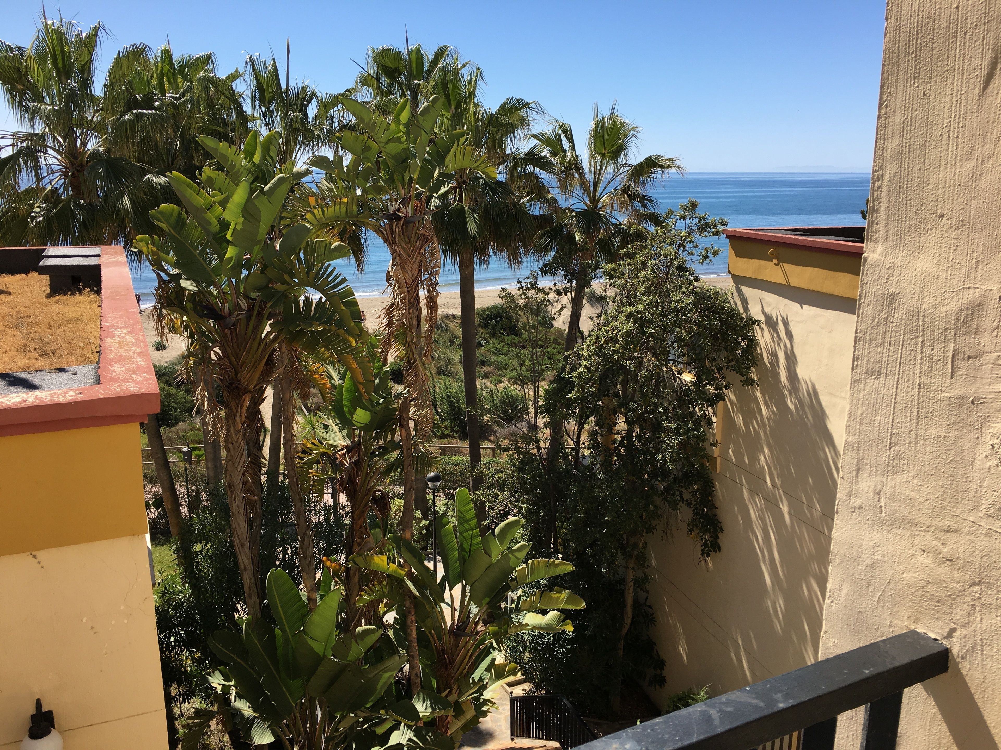 Un balcon avec vue sur la plage et les palmiers.