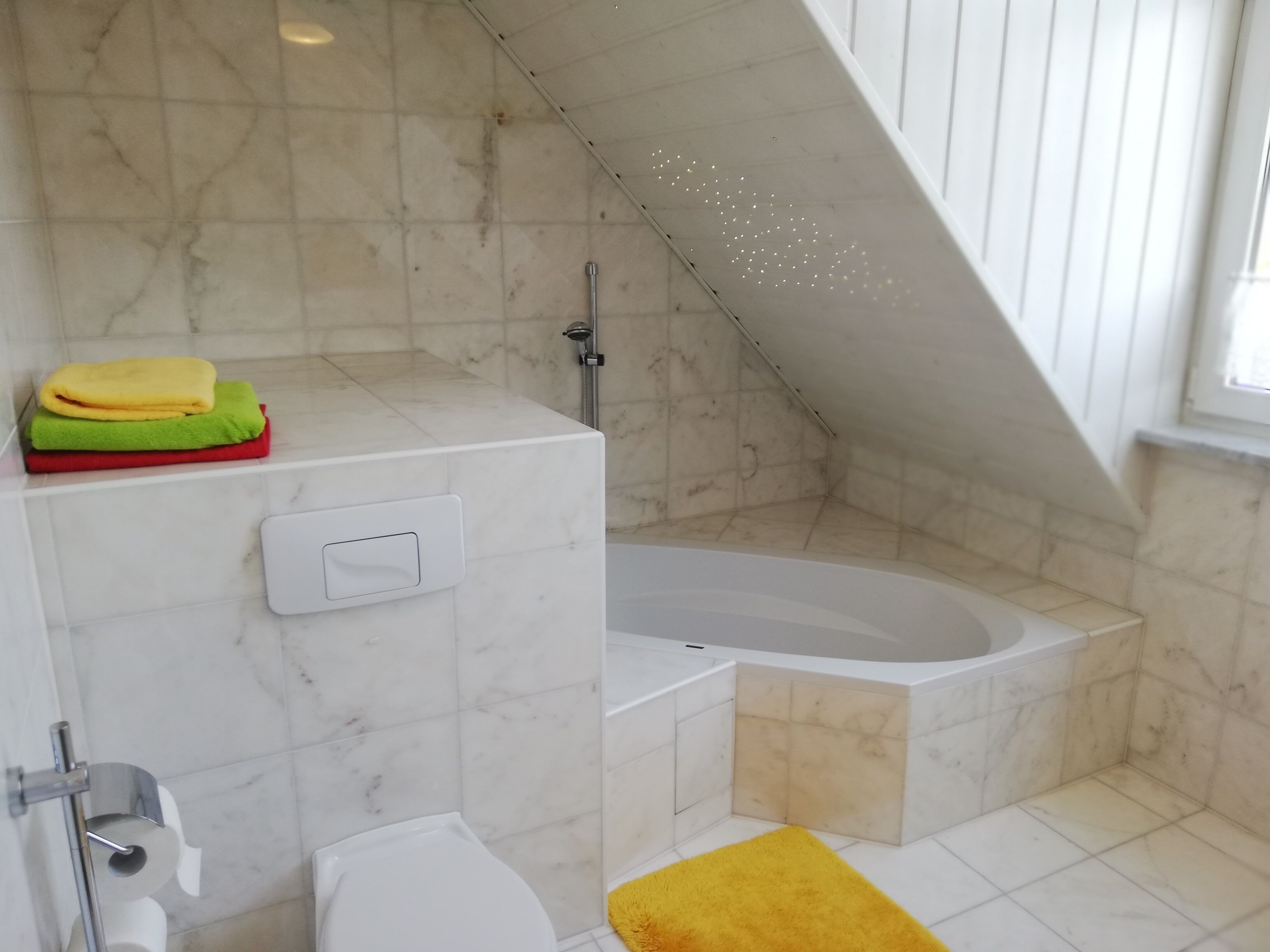 A modern bathroom with a bathtub, a toilet, and a shower area.