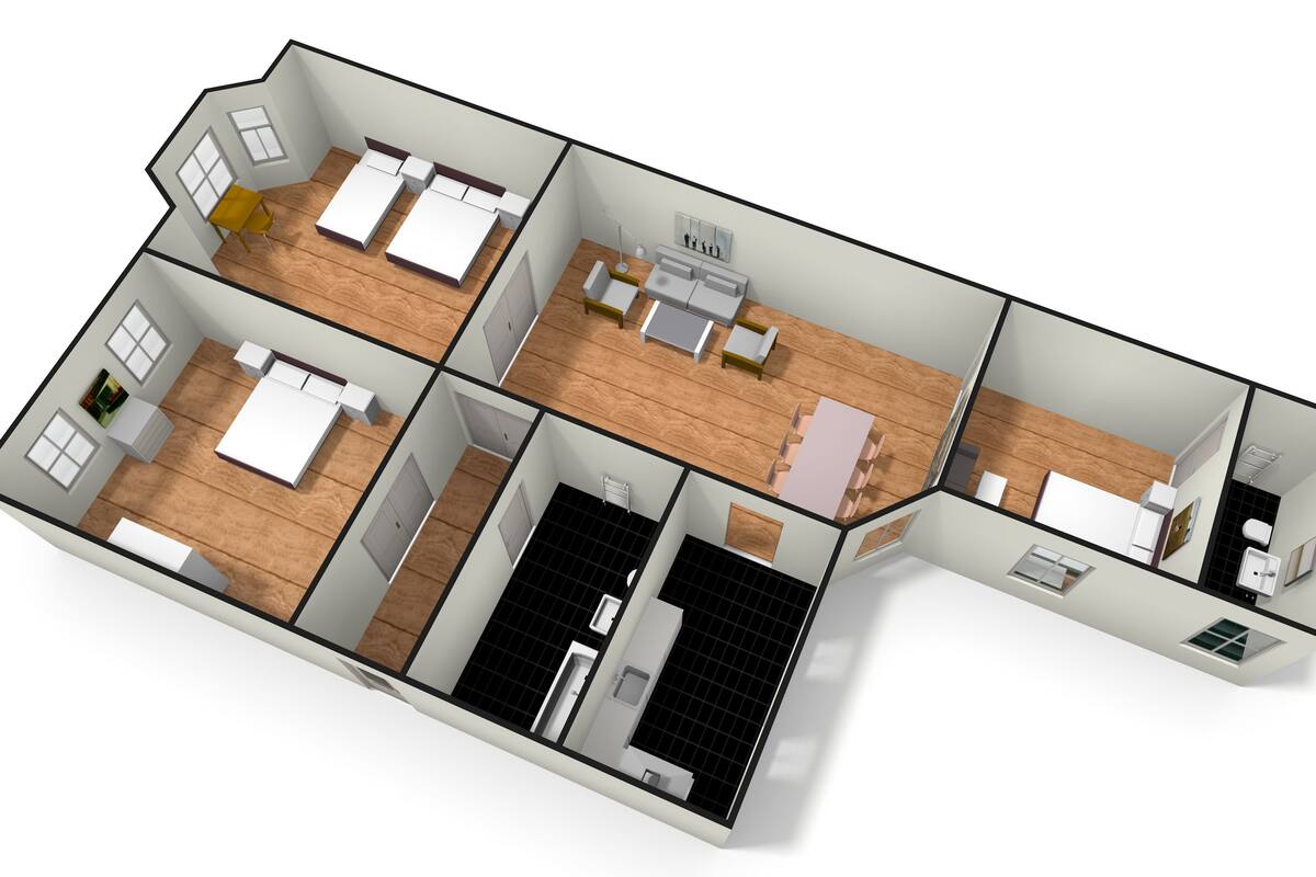 Ein 3D-Grundriss eines Hotelzimmers mit einem Bett, einem Schreibtisch, einem Stuhl, einem kleinen Tisch und einem Badezimmer.
