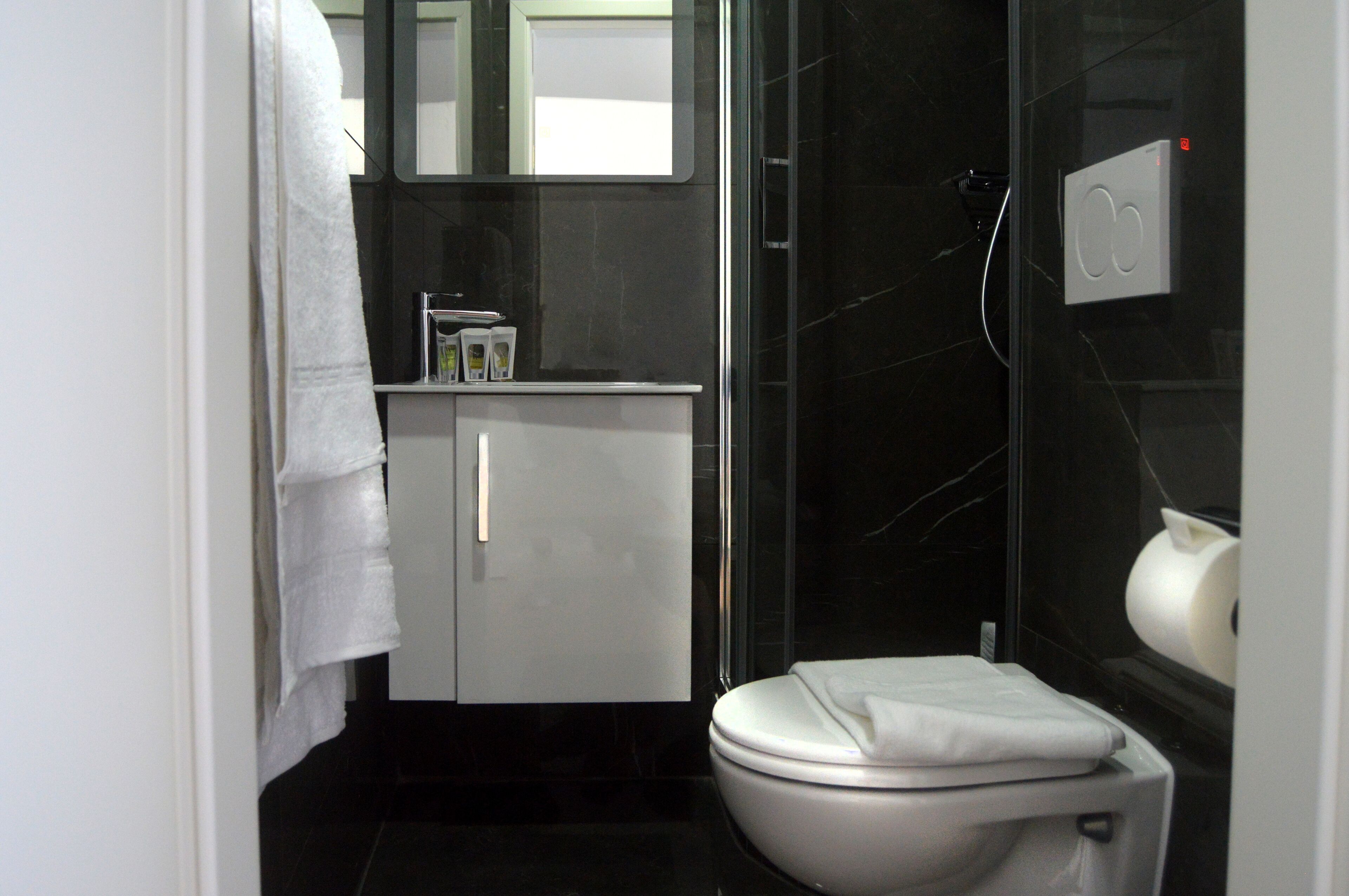 Une salle de bain moderne avec des toilettes blanches, un lavabo surmonté d’un miroir et un espace douche doté de portes en verre.