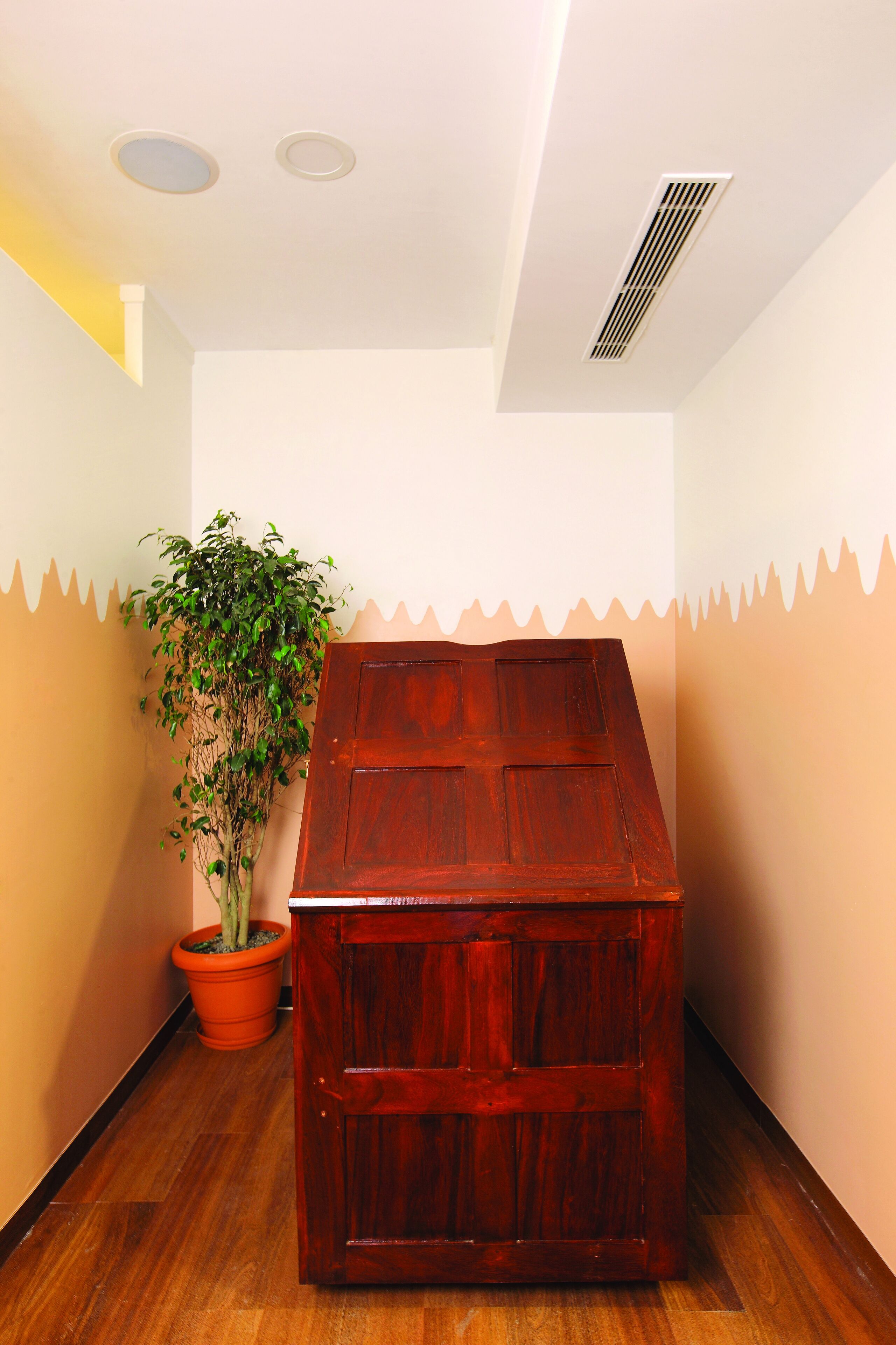 A room with a wooden cabinet, a potted plant, and a ceiling vent.