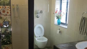 Shower, free toiletries, slippers, towels